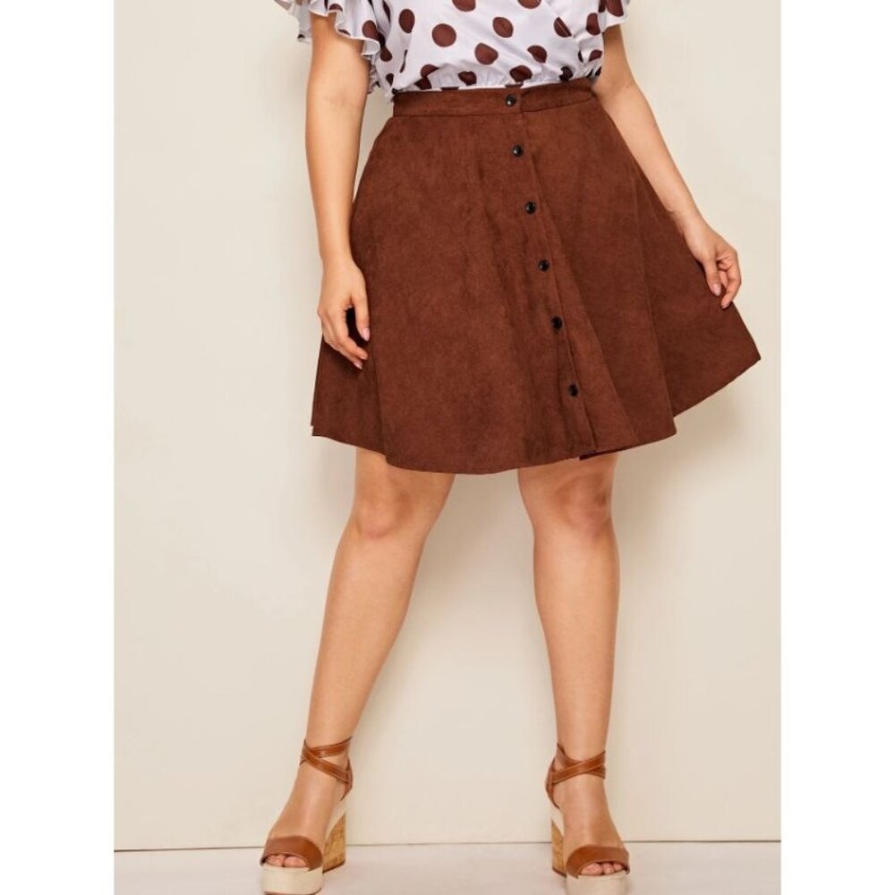 SHEIN Curve Womens Brown Button Up Corduroy Skirt Plus Size 2XL Stretch Neutral